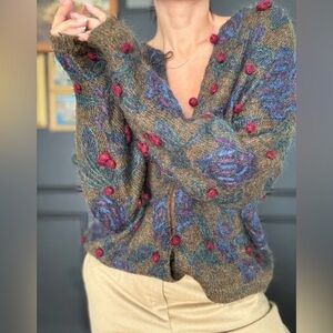 Vtg EXPRESS Tricot Floral Mohair Blend Cardigan Sweater Women Size XS Oversized